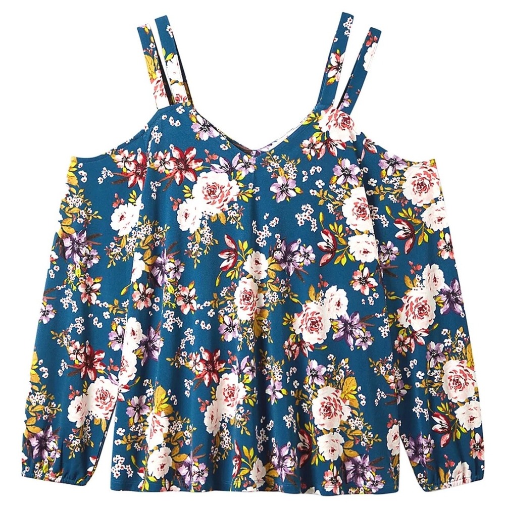 Torrid Teal Floral Crepe V-Neck Cold Shoulder Strappy Top Blouse Size 2 (2X)